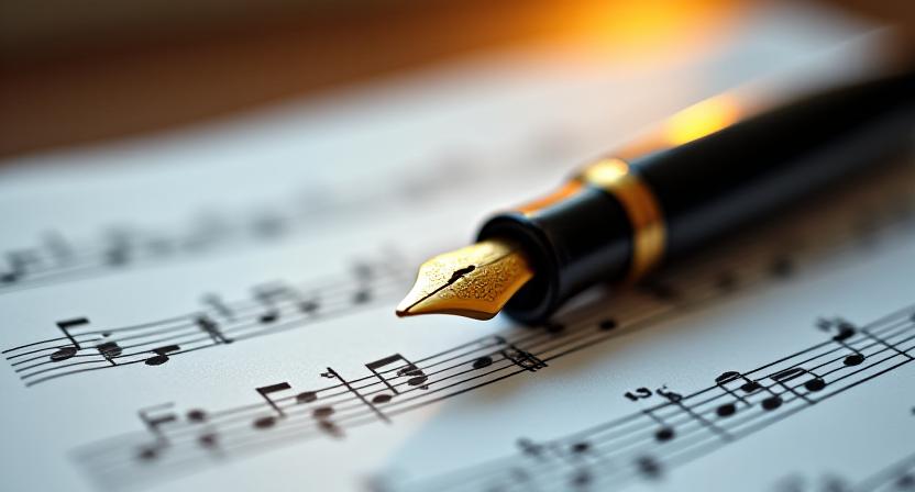Close up of a luxury fountain pen on a gold-flecked music manuscript